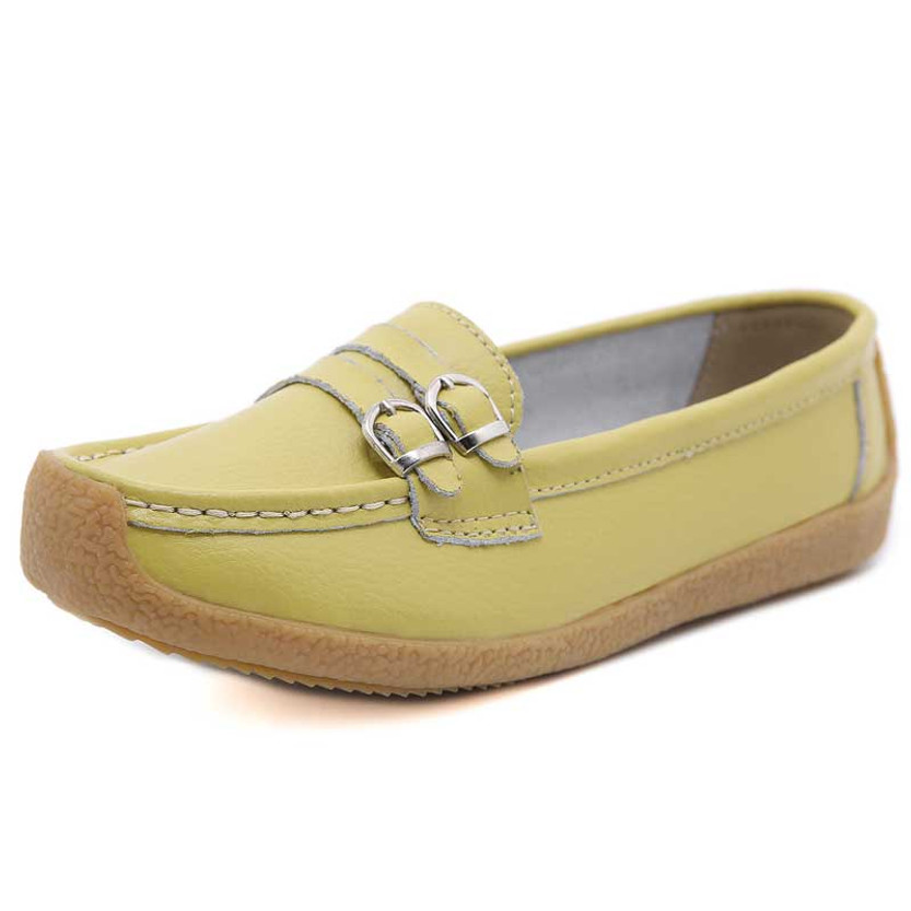 Women's yellow double buckle strap slip on shoe loafer 01