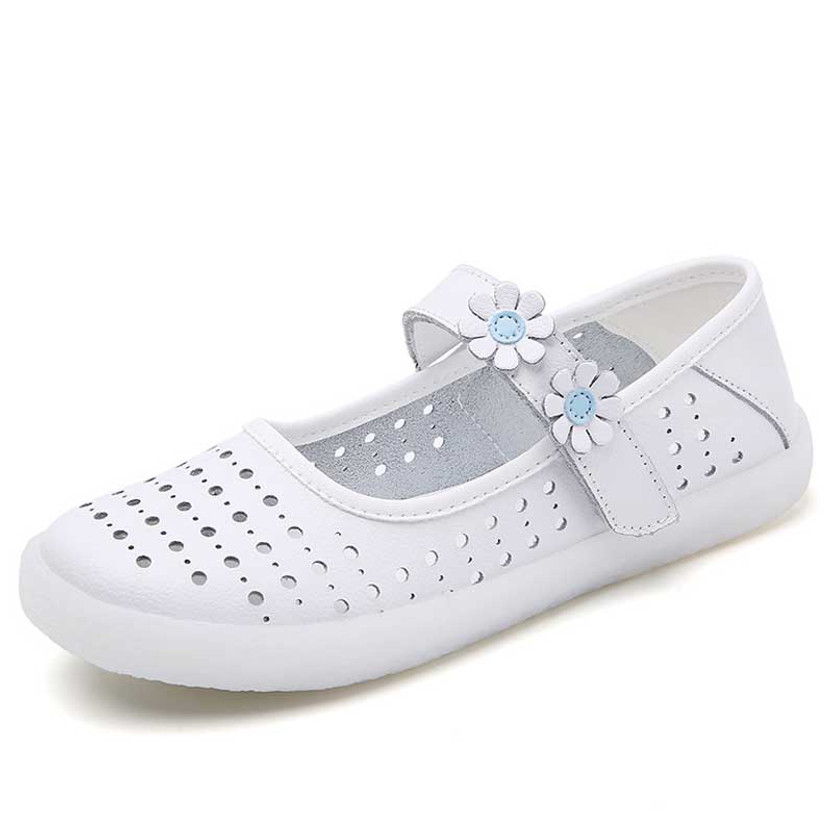 Women's white hollow out low cut floral velcro slip on shoe 01