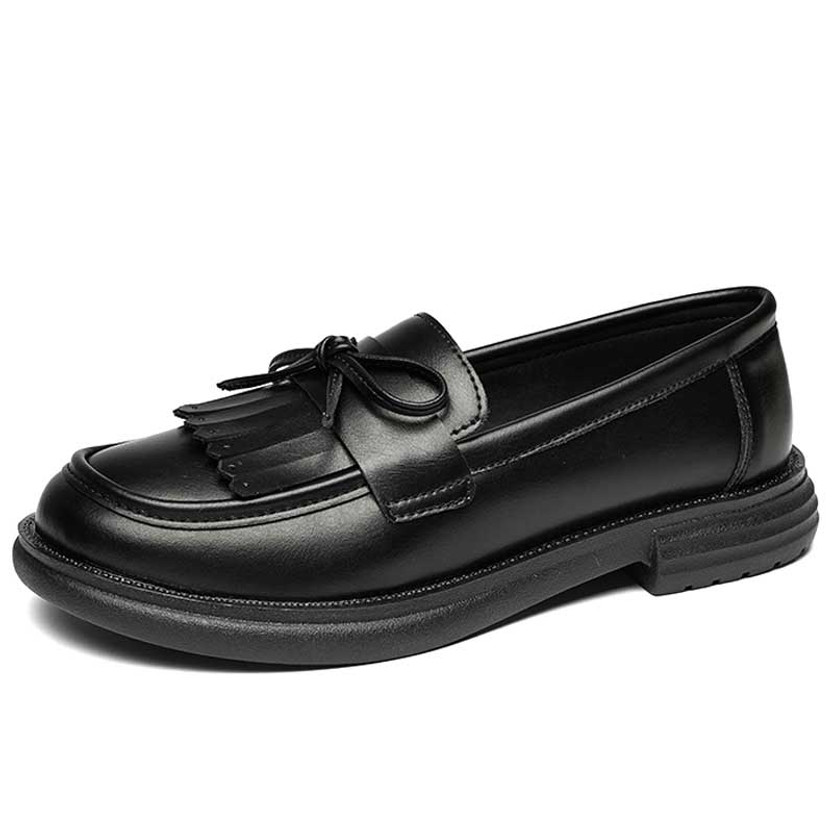 Women's black tassel penny patent slip on shoe loafer 01