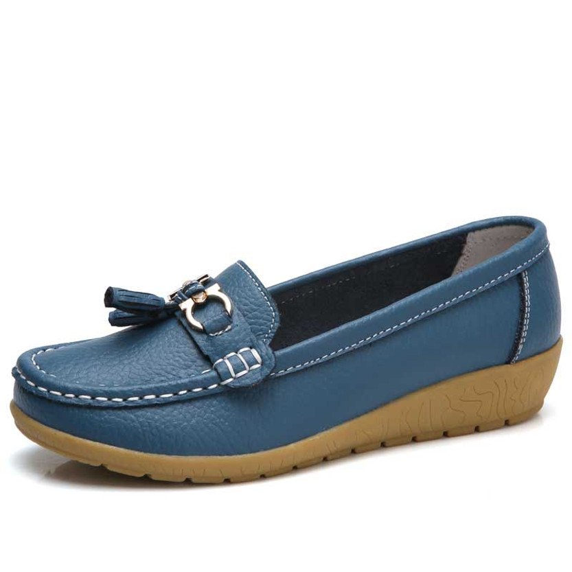 Women's blue tassel buckle on vamp slip on shoe loafer 01