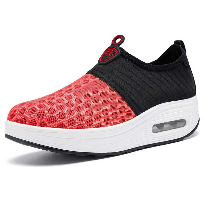 Women's red black dot mesh slip on rocker bottom sneaker 01