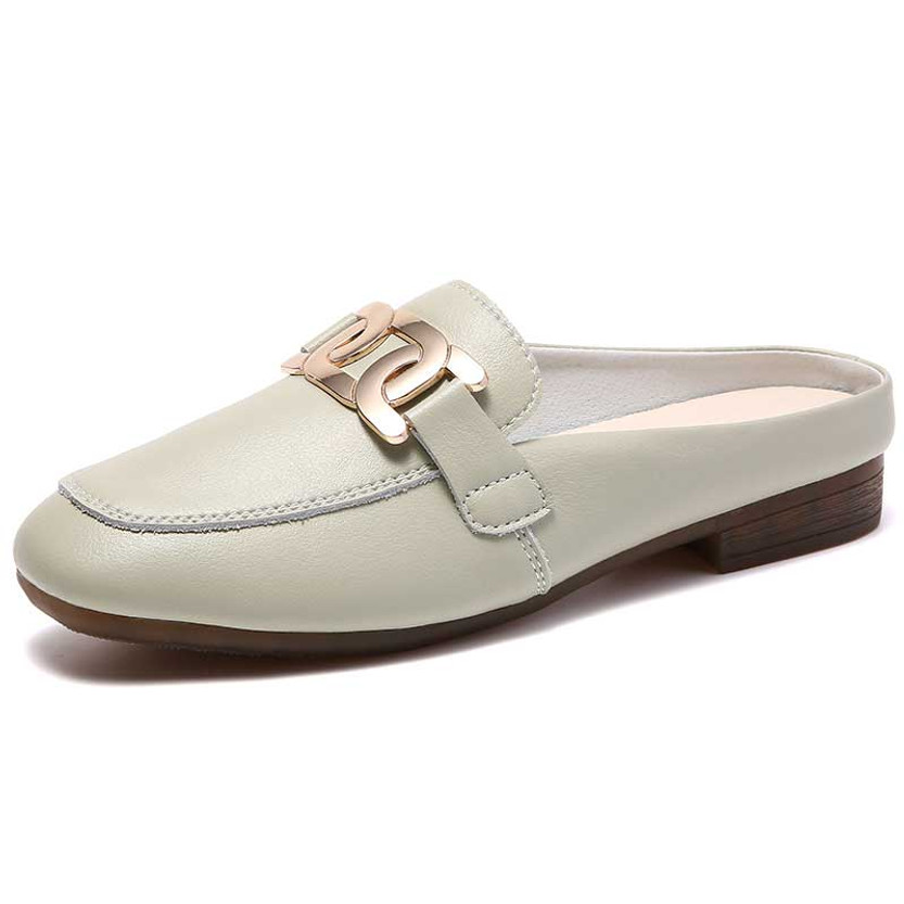 Women's light green metal buckle on top slip on mule shoe 01