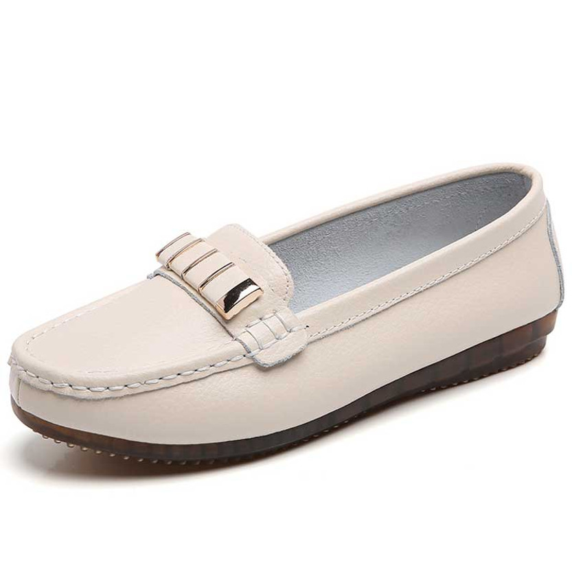 Women's beige metal buckle strap slip on shoe loafer 01 Women's beige metal buckle strap slip on shoe loafer 01