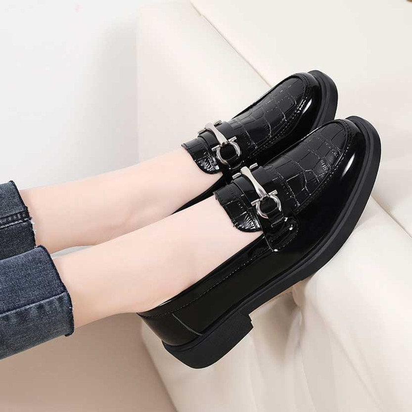 Black metal buckle croc pattern slip on shoe loafer | Womens shoe ...