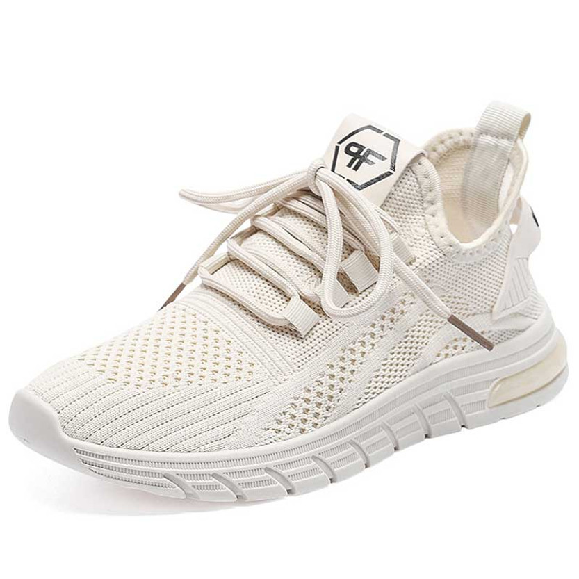 Beige flyknit stripe texture logo pattern shoe sneaker