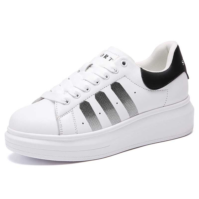 Women's white black triple stripe sport print lace up shoe sneaker 01