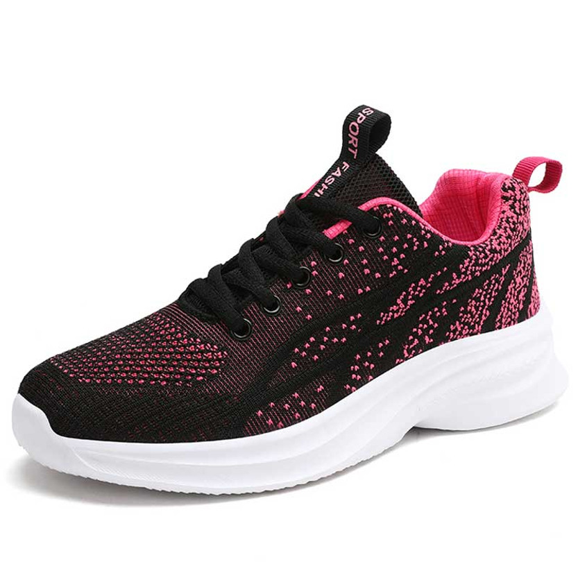 Women's black rose red flyknit texture pattern lace up shoe sneaker 01