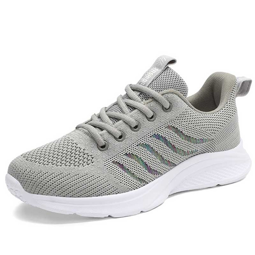 Women's grey flyknit stripe pattern lace up shoe sneaker 01