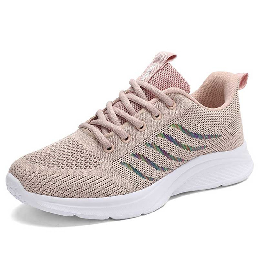 Women's pink flyknit stripe pattern lace up shoe sneaker 01