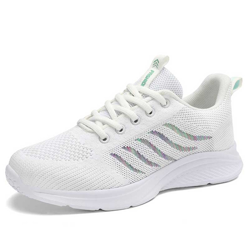 Women's white flyknit stripe pattern lace up shoe sneaker 01