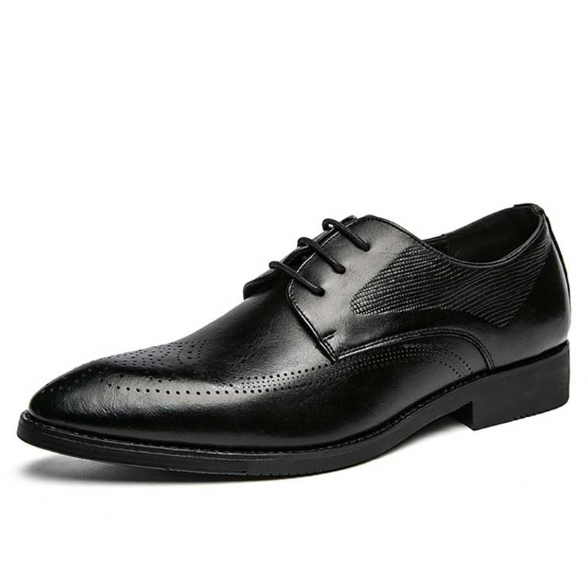 Men's black retro brogue point toe derby dress shoe 01