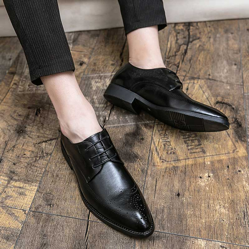 Black retro brogue point toe derby dress shoe | Mens dress shoes online ...