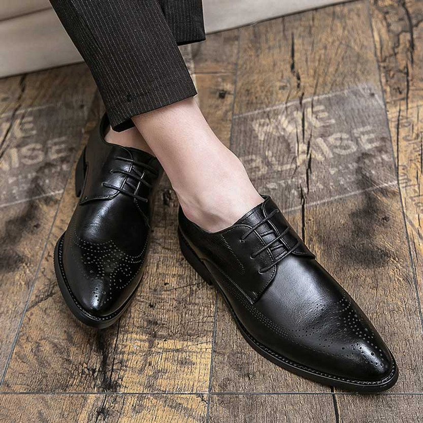 Black retro brogue point toe derby dress shoe | Mens dress shoes online ...