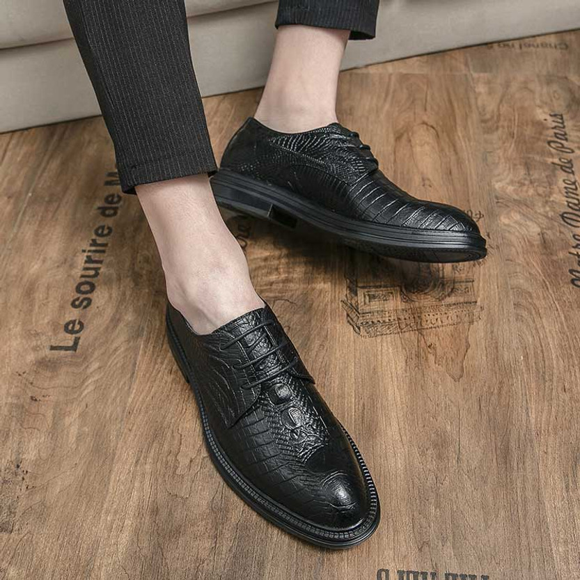 Black croc skin pattern retro derby dress shoe | Mens dress shoes ...