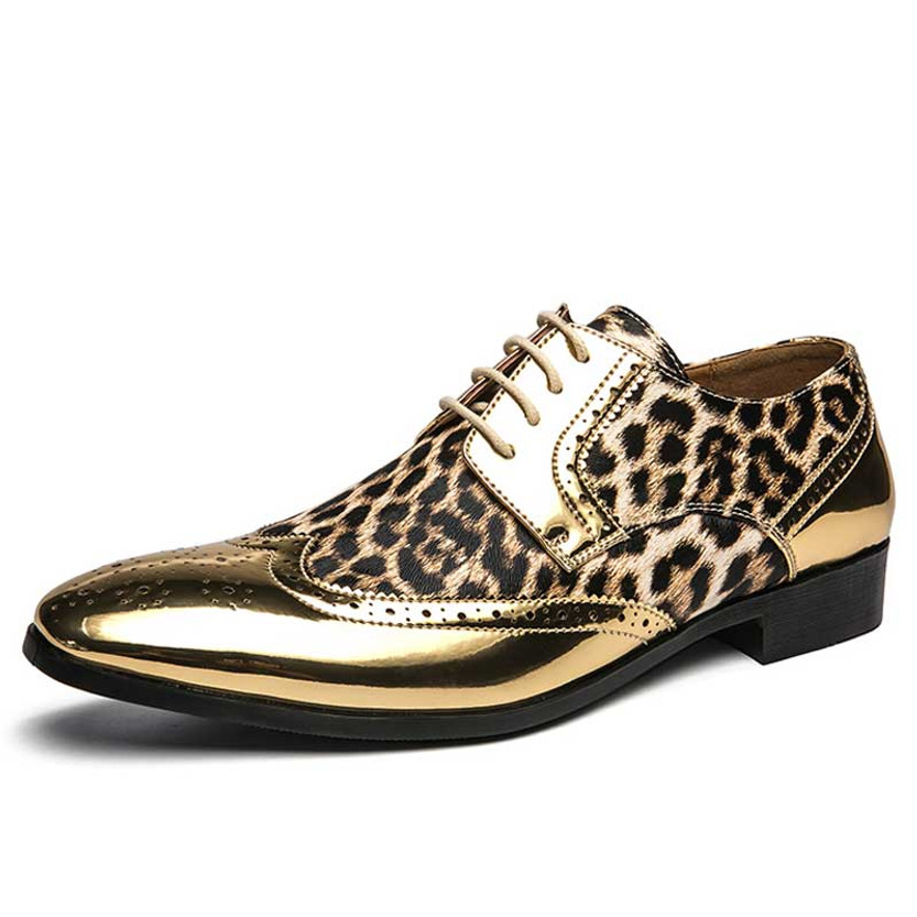 Men's golden leopard pattern brogue derby dress shoe 01