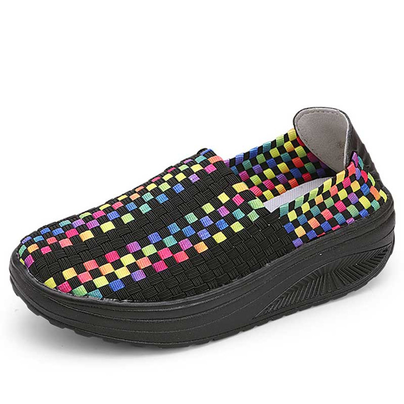 Women's black weave color check slip on rocker bottom sneaker 01