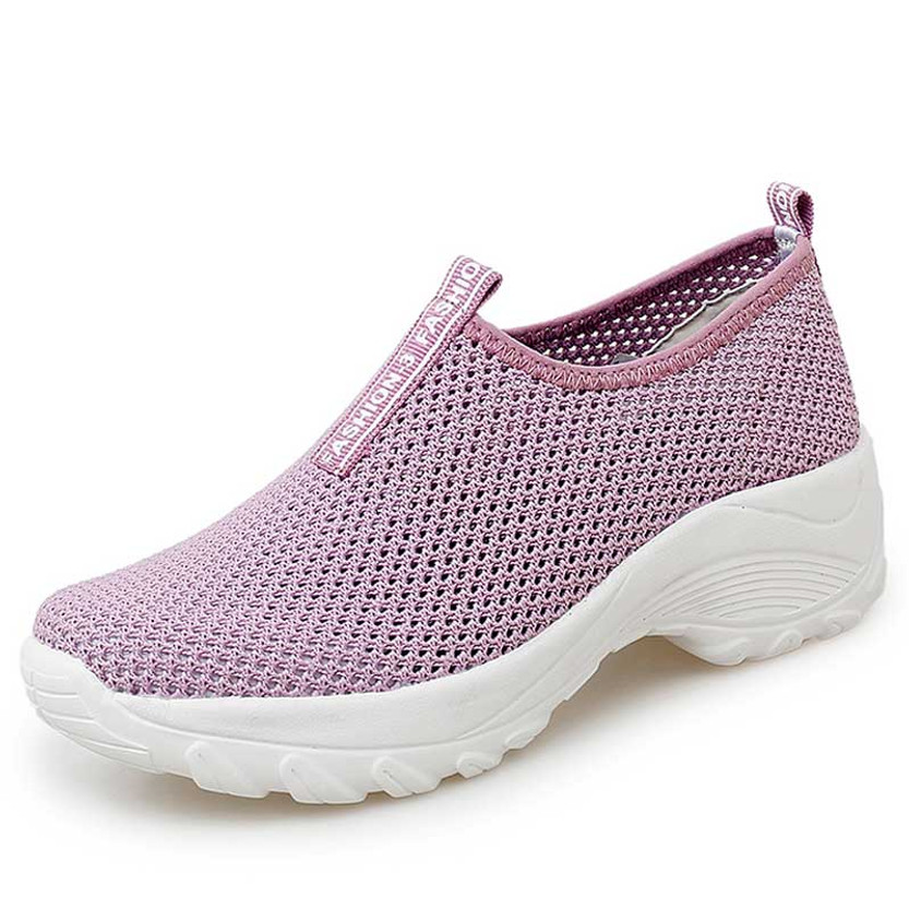 Women's pink plain hollow out slip on double rocker bottom sneaker 01