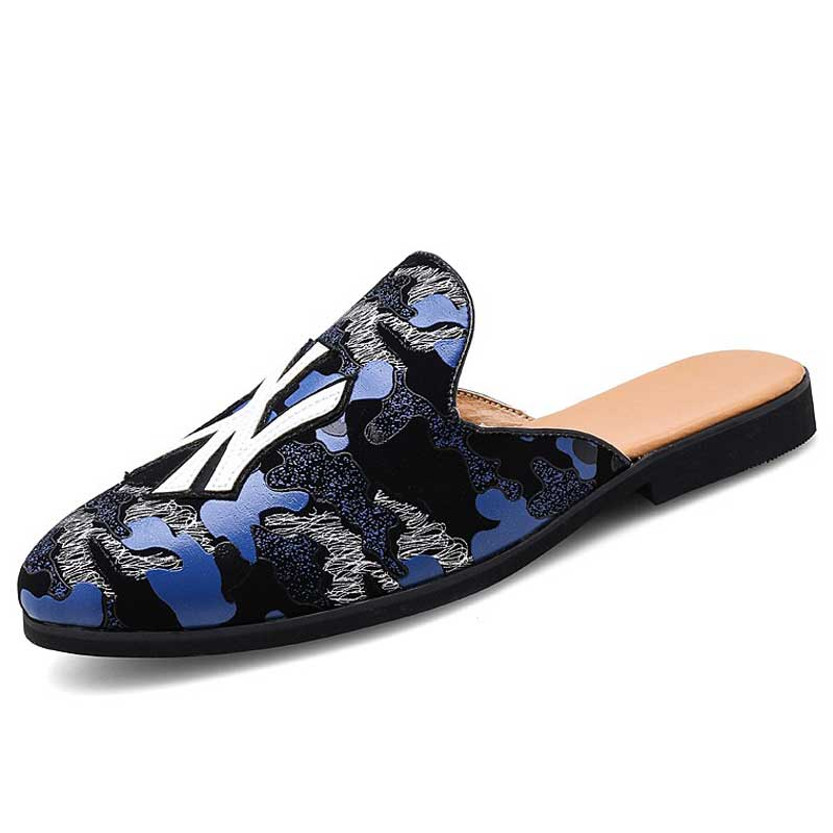 Men's black blue pattern print slip on shoe mule 01