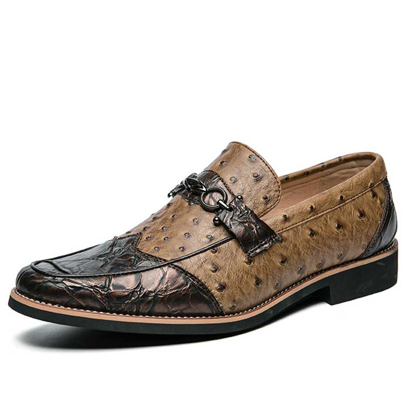 Men's brown retro pattern metal buckle slip on dress shoe 01