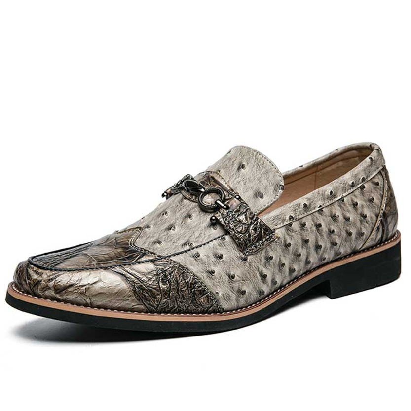 Men's beige golden retro pattern metal buckle slip on dress shoe 01