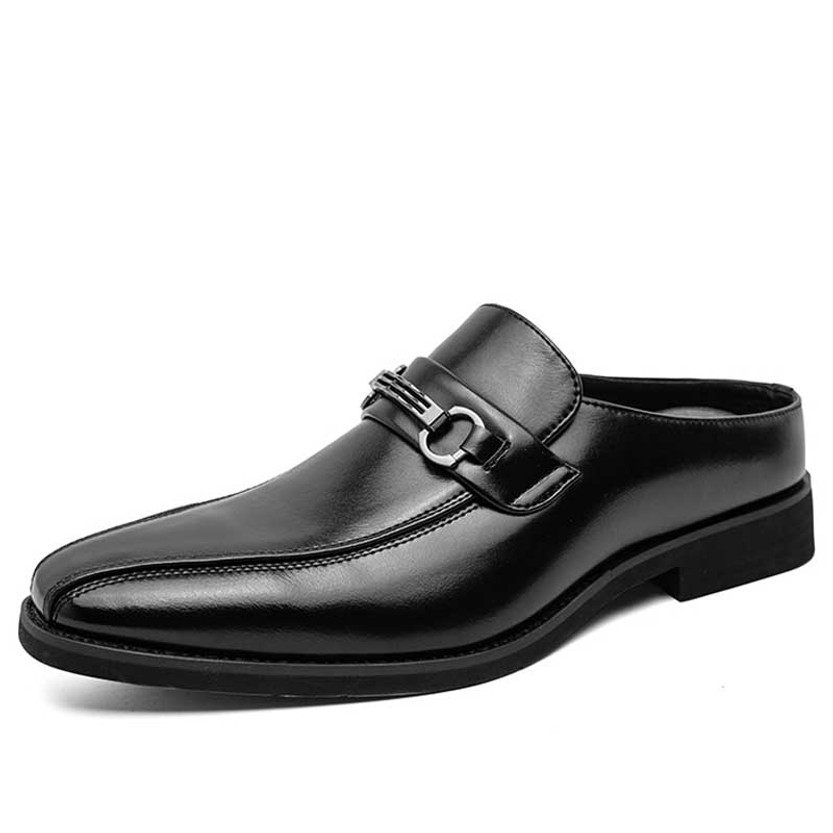 Men's black metal buckle on top penny slip on shoe mule 01