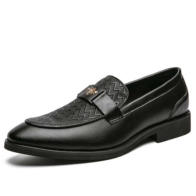 Men's black wave pattern decorated metal on strap slip on dress shoe 01