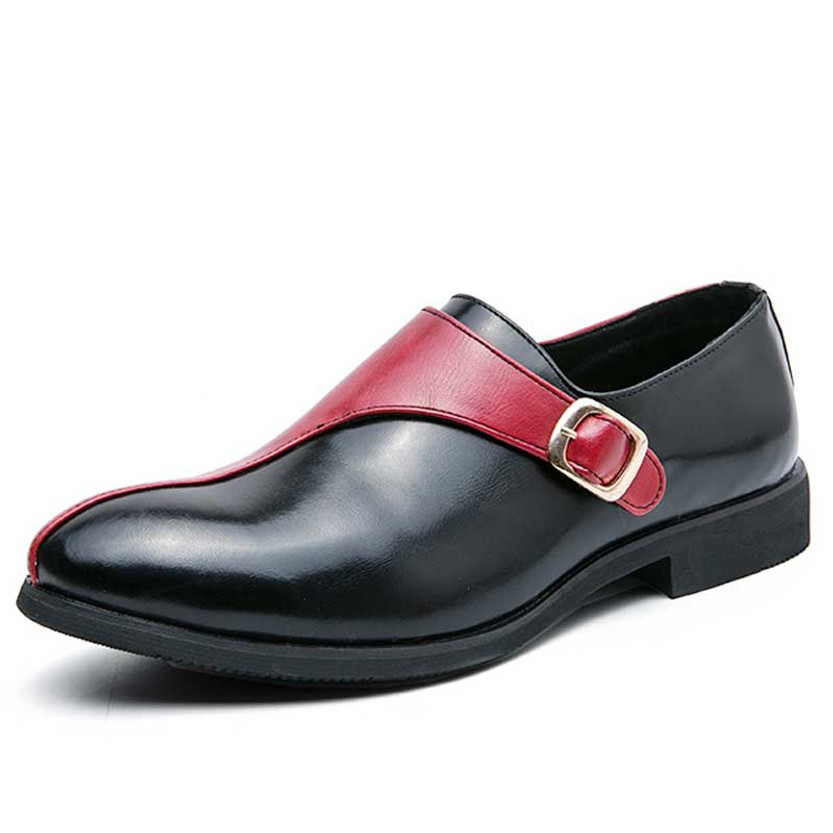 Men's black red two tone buckle strap slip on dress shoe 01