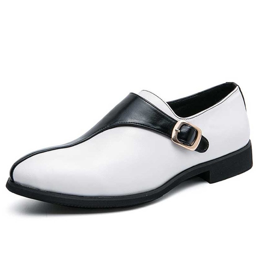 Men's white black two tone buckle strap slip on dress shoe 01