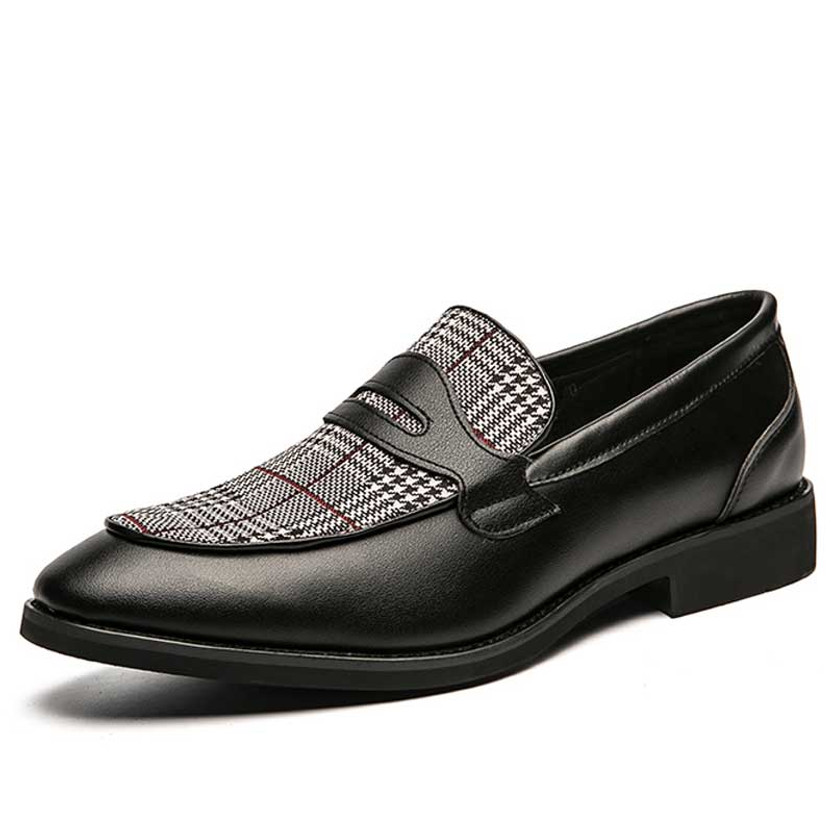 Men's black stripe pattern penny slip on dress shoe 01