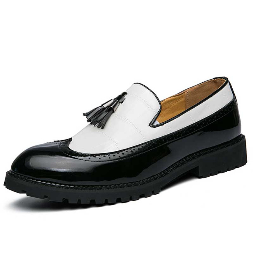Men's black white pattern brogue tassel on top slip on dress shoe 01