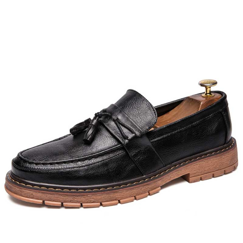 Men's black tassel on top penny slip on dress shoe 01