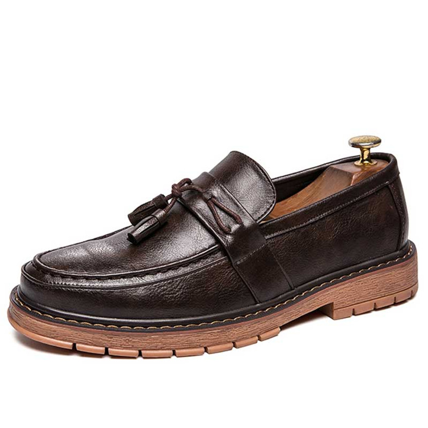 Men's brown tassel on top penny slip on dress shoe 01