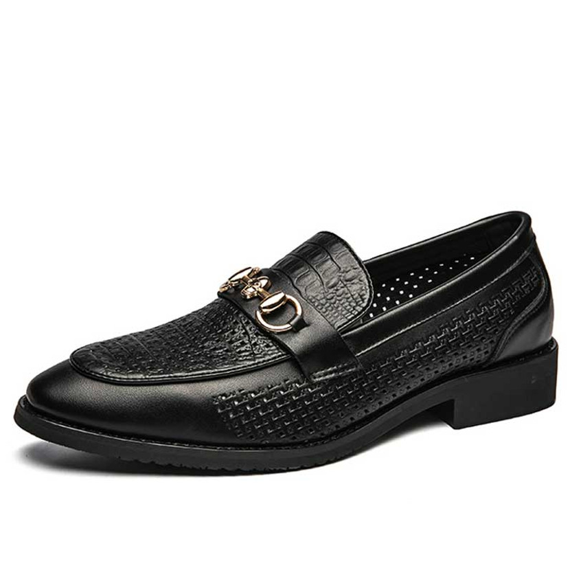 Men's black hollow out buckle penny slip on dress shoe 01