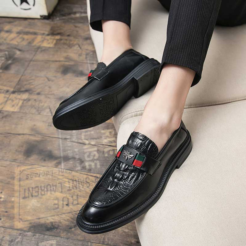 Black croc skin pattern ornament strap slip on dress shoe | Mens formal ...