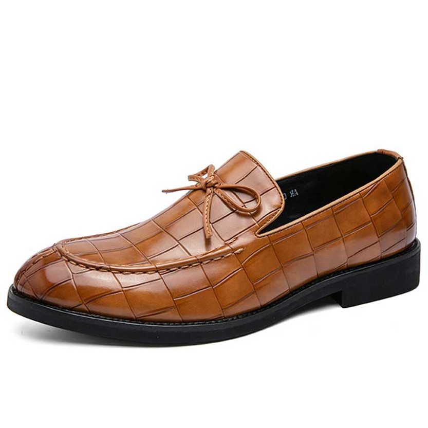 Men's brown croc skin pattern lace tie slip on dress shoe 01