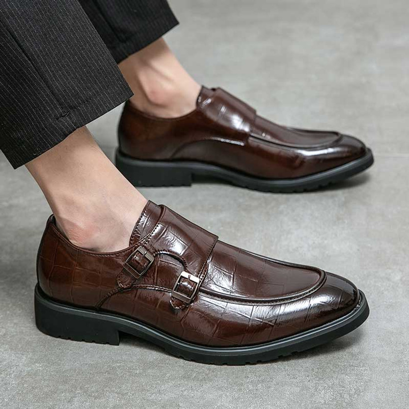 Brown croc skin style patent monk slip on dress shoe | Mens formal ...