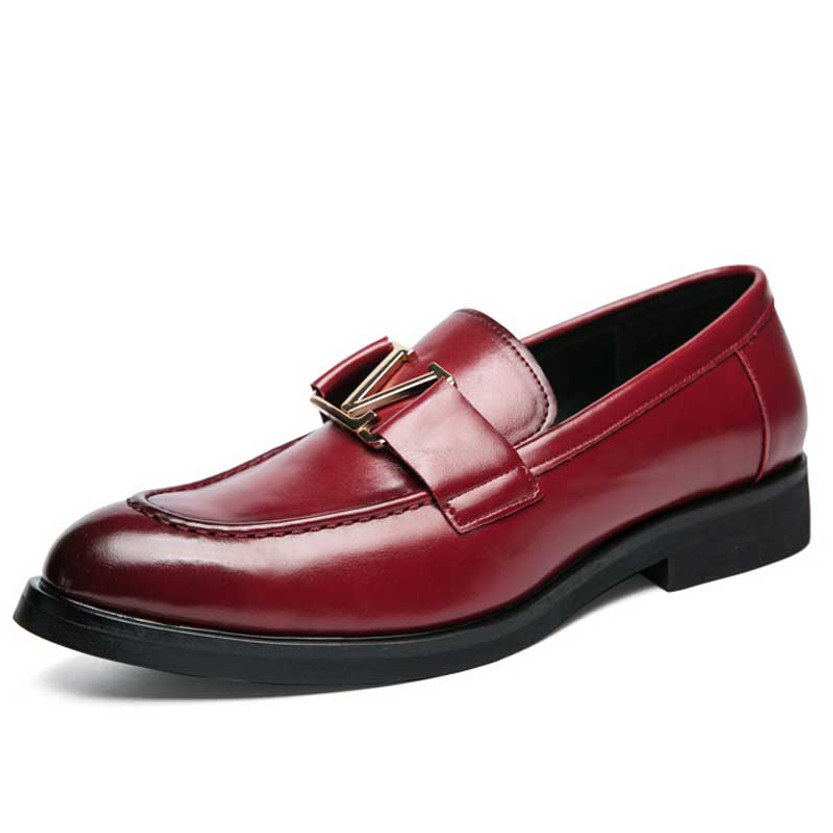 Men's red metal buckle strap on top slip on dress shoe 01