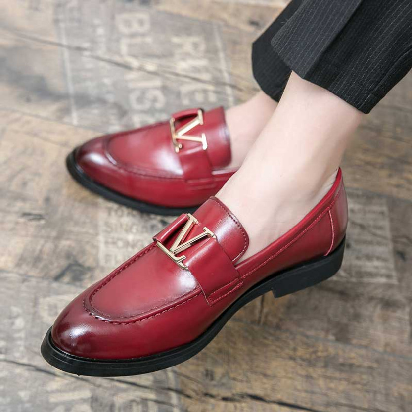 Red metal buckle strap on top slip on dress shoe | Mens formal dress ...
