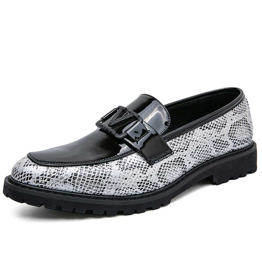 Men's black pattern & buckle on penny slip on dress shoe 01