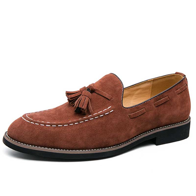 Men's brown stitch accents tassel on top slip on dress shoe 01