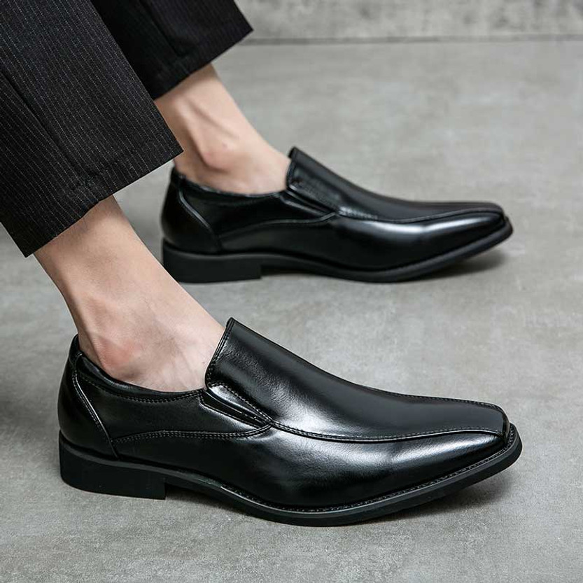 Black simple plain stitch accents slip on dress shoe | Mens formal ...