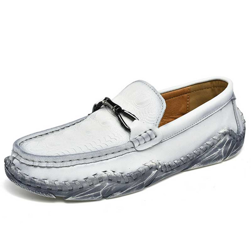 Men's grey white buckle sewing accents croc pattern slip on shoe loafer 01