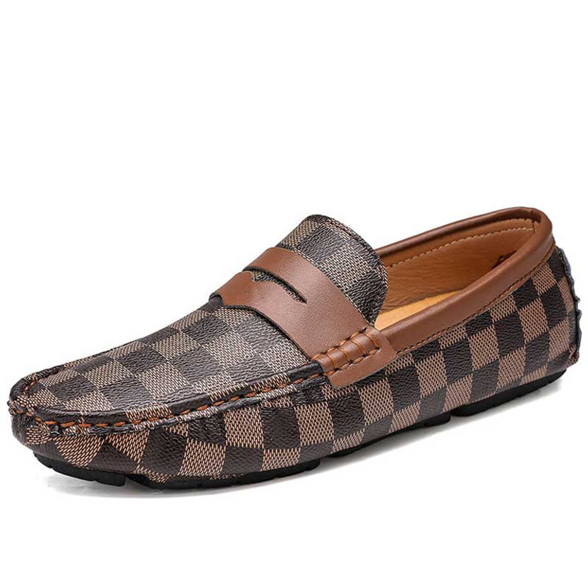 Men's brown penny check pattern slip on shoe loafer 01