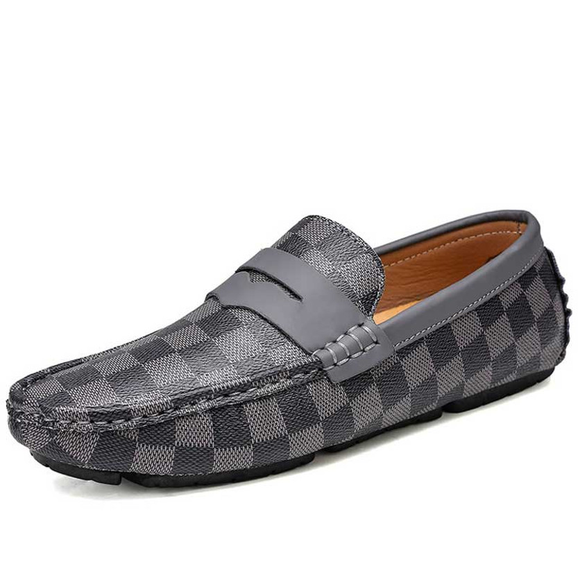Men's grey penny check pattern slip on shoe loafer 01