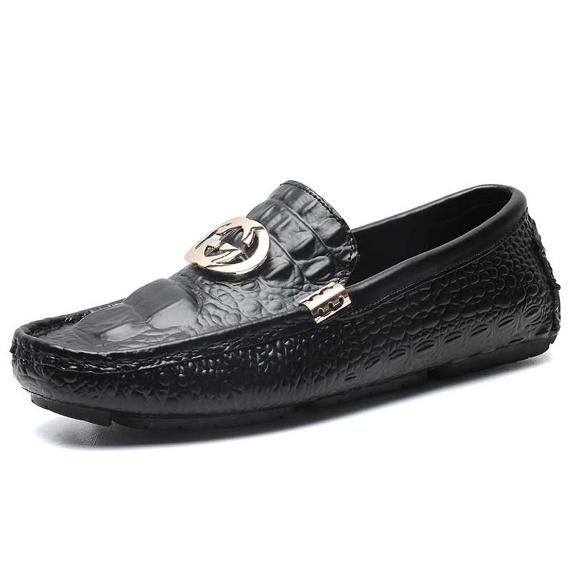 Men's black metal buckle croc skin pattern slip on shoe loafer 01