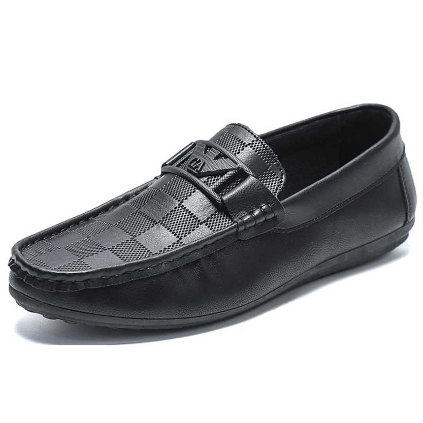Men's black buckle ornament check pattern slip on shoe loafer 01
