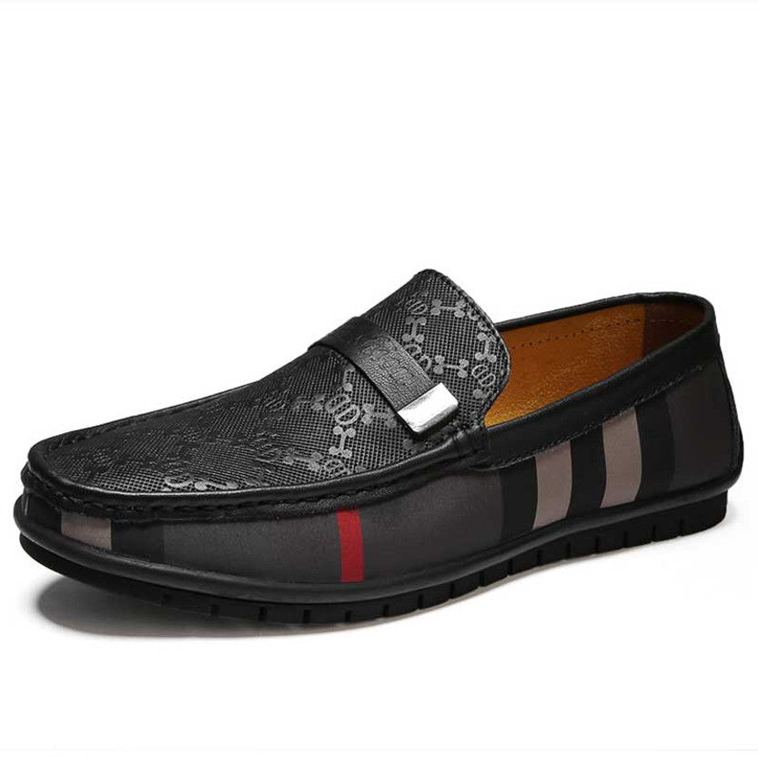 Men's black strap panel pattern stripe slip on shoe loafer 01