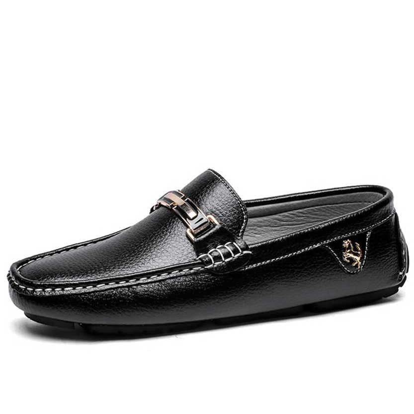 Men's black metal buckle & ornament penny slip on shoe loafer 01