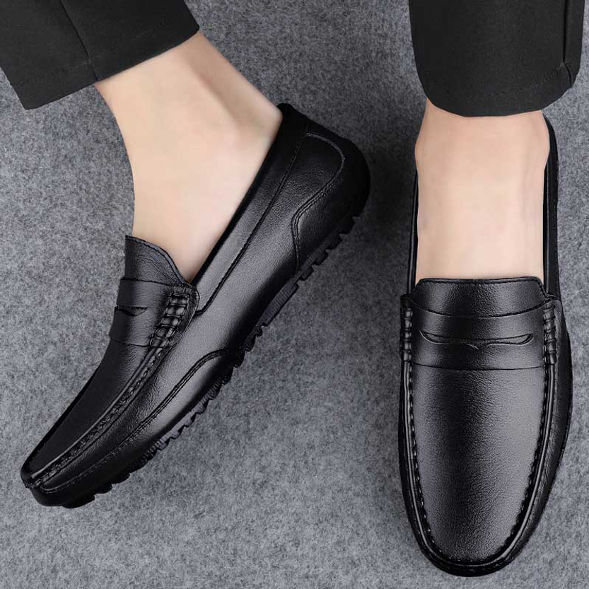 Black penny strap slip on shoe loafer in plain | Mens shoe loafers ...