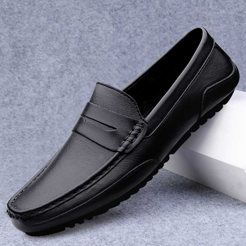 Black penny strap slip on shoe loafer in plain | Mens shoe loafers ...